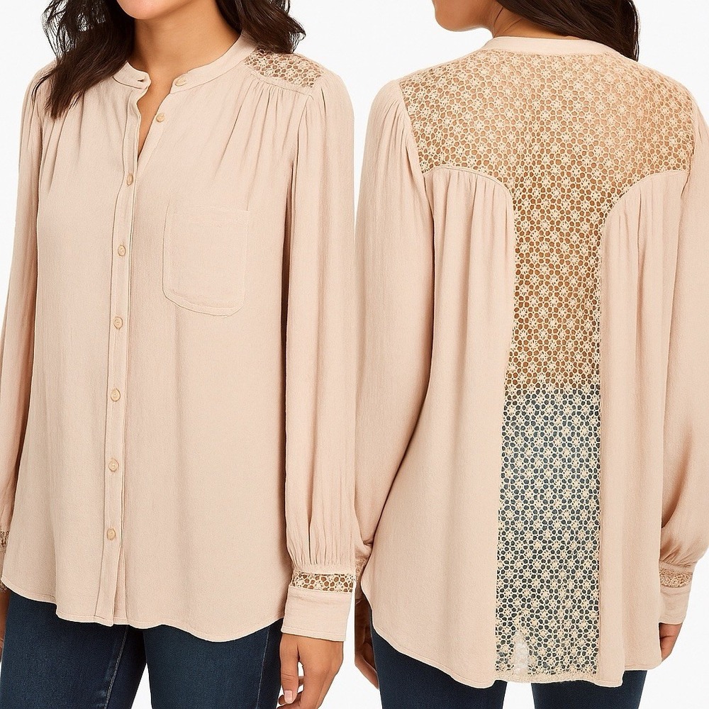 Free‎ People Beige Long Flowy Boho Button Down Top w/Lace Back Size M
